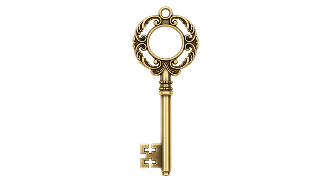 Ornate antique brass key with intricate designs and a decorative bow