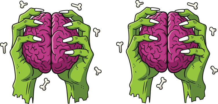 Zombie Hands Holding Brain Illustration with Creepy Horror Elements in Cartoon Style for Halloween Design, Spooky Graphics, Game Assets, and Creative Projects.