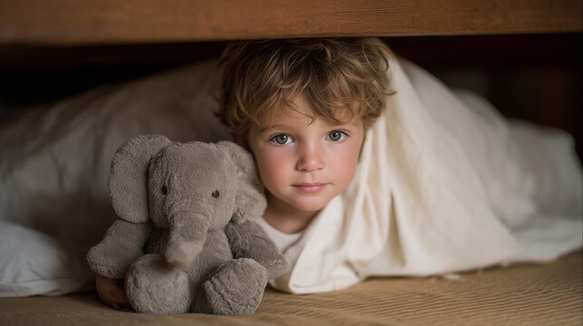 Toddler hiding under bed gripping stuffed elephant refusing bedtime, parent lying flat on floor making eye contact through the dark, bedtime hiding game standoff, child sleep avoidance, playful dome