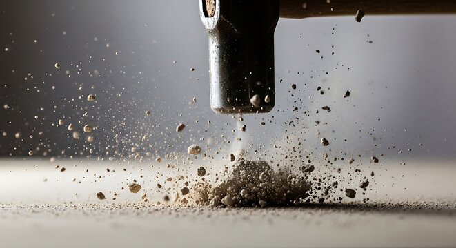 Heavy metal hammer striking a stone surface with explosive dust and flying debris