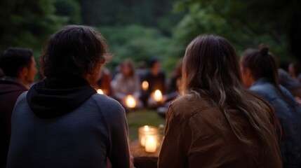 Obraz premium A group of friends gathered outdoors at night illuminated by warm candlelight in a peaceful natural setting
