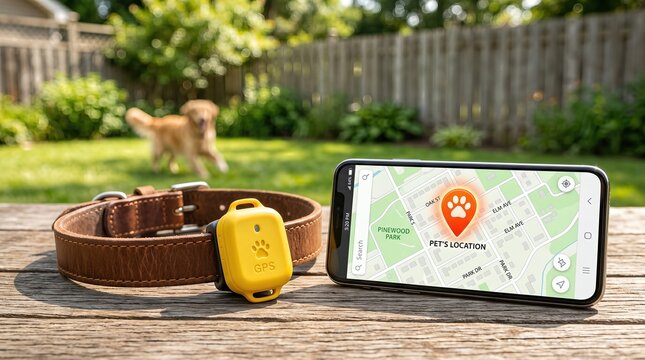 GPS tracking device in yellow color placed next to a smartphone displaying pet location map, with a brown collar and a dog in a backyard setting