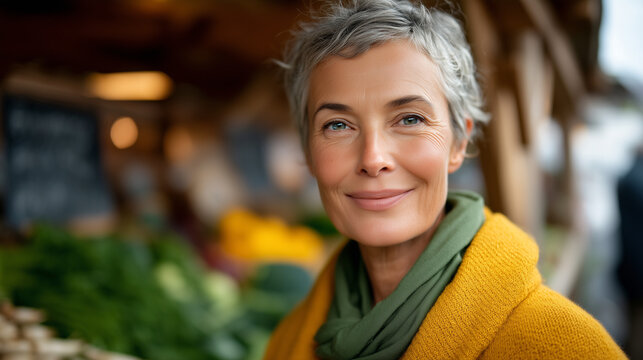 Spring outdoor farmers market with woman in her fifties confidently selecting fresh produce, post menopause vitality, midlife womens wellness lifestyle, HRT improved quality of life, perimenopause h