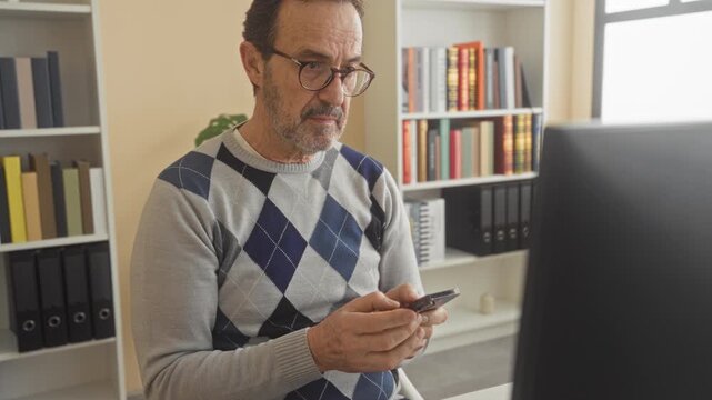 Man tapping smartphone with fingers at desk in building, wearing glasses and argyle sweater; contemplation.