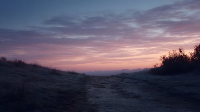 A tranquil dawn landscape showing pastel colors across the sky above a gentle expansive grassy hillside