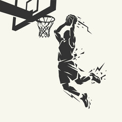 Obraz premium Silhouette of a basketball player performing a slam dunk, stylized explosive fragments and dynamic energy effect, graphic vector illustration of athletic action.