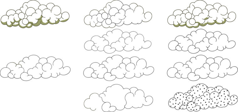 Stylized black and white cloud icons, nine fluffy cumulus silhouettes with varied outlines, shading, and artistic textures