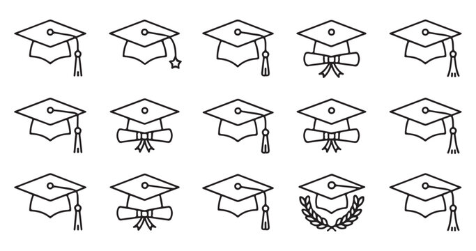 Minimalist outline graduation cap icons with different tassel shapes and scroll symbols.