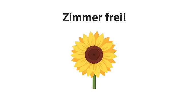 Isolated sunflower with "Zimmer frei!" text above, representing available room or accommodation, bright yellow petals and dark center on a white background