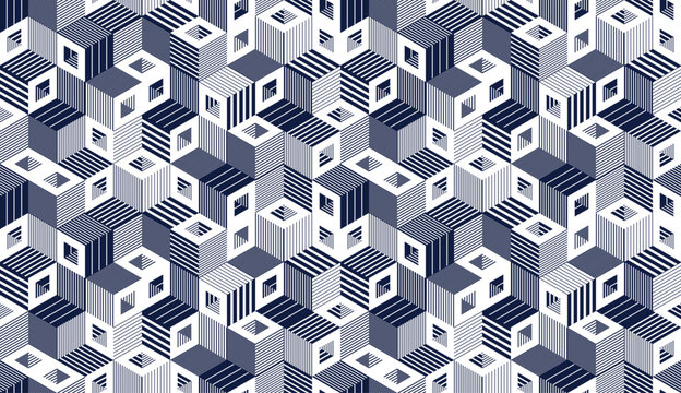 Cubic surreal maze seamless pattern, trippy unreal vector geometric abstract background, impossible construction optic art insane wallpaper.