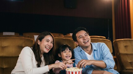 Obraz premium A family in a movie theatre, enjoying a captivating film, immersed in the shared experience of cinema and connection.