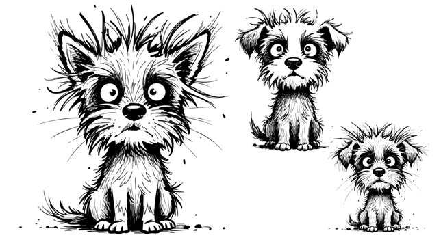 Messy scruffy dog character set, funny disheveled puppy with crazy hair vector, hand drawn black and white terrier sketch collection