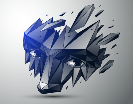 Low poly polygonal portrait of human face breaking into fragments, abstract geometric explosion of shattered pieces, modern digital illustration.