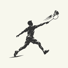 Obraz premium Silhouette of an athlete playing badminton, striking a shuttlecock with a racket in a dynamic pose, minimalist sport graphic design.