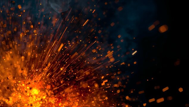 Macro shot of glowing orange fire sparks flying on black background
