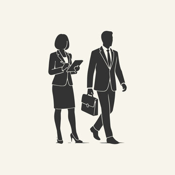Silhouettes of a businessman walking with a briefcase and a businesswoman taking notes on a tablet, professional business people in formal attire.