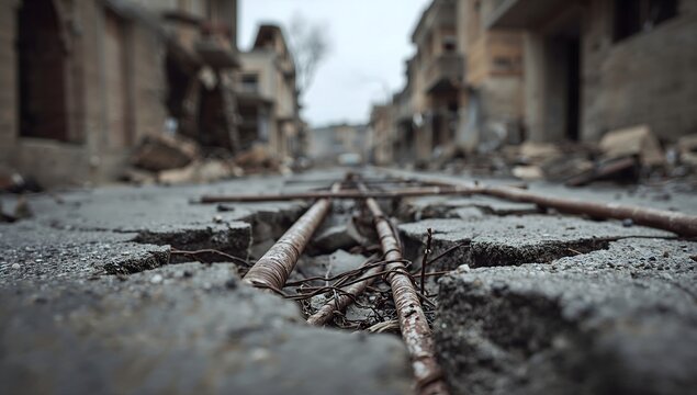Macro view of rusted rebar and debris on a destroyed city street
