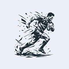 Fototapeta premium Stylized black and white illustration of a rugby player running with a ball, dynamic geometric silhouette showing speed and athletic movement.