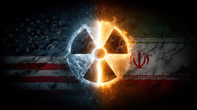 Conflict between the United States and Iran represented through a nuclear symbol on a divided background