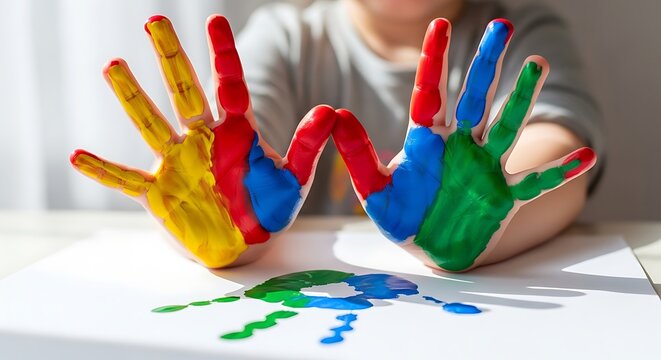 Child's hands covered in colorful paint making handprints finger paint