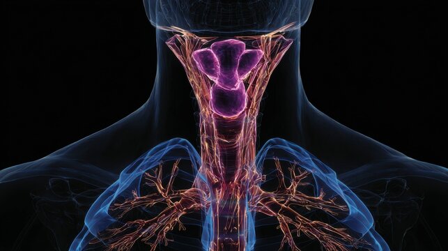 Human Glands Lobes of Thyroid Gland Anatomy.3d rendered medically accurate illustration of thyroid cancer.Thyroid disorder includes goiter, hyperthyroid, hypothyroid, tumor or cancer. 