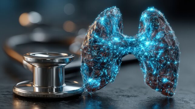 Medical technology shows a stethoscope and a digital thyroid model in a healthcare setting. Thyroid disorder includes goiter, hyperthyroid, hypothyroid, tumor or cancer.