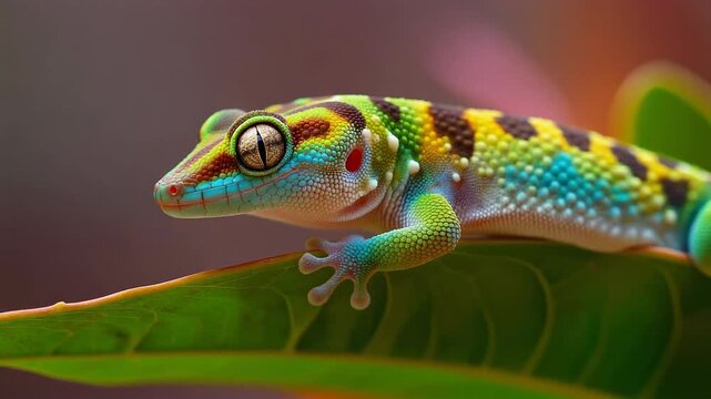 Vibrant gecko with rainbow scales perched on a green leaf in soft light