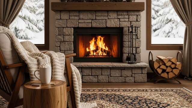 A cozy living room with a warm fireplace on a snowy day