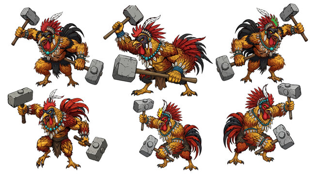 Muscular rooster warrior character set, 6 tribal rooster fighter vectors with stone hammers, aggressive bird gladiator mascots for gaming and esports