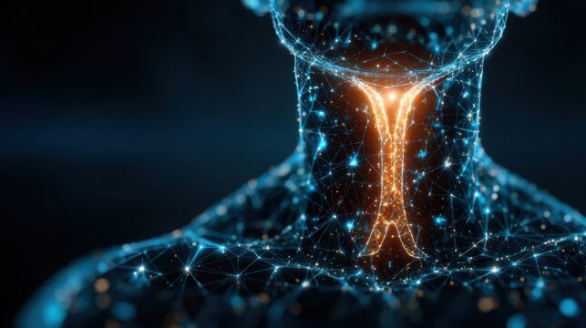 thyroid gland in a human neck, with visible surrounding anatomy. Thyroid disorder includes goiter, hyperthyroid, hypothyroid, tumor or cancer. Virus infected thyroid gland