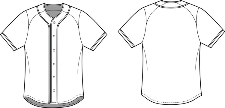 Technical fashion sketch of a blank baseball jersey template with front and back views isolated on white background