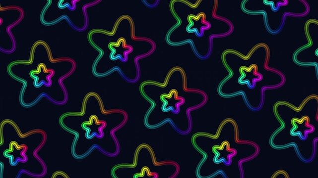 Colorful neon star outlines form a seamless repeating pattern on a dark background, ideal for party visuals, retro design, nightlife themes, and motion backdrops