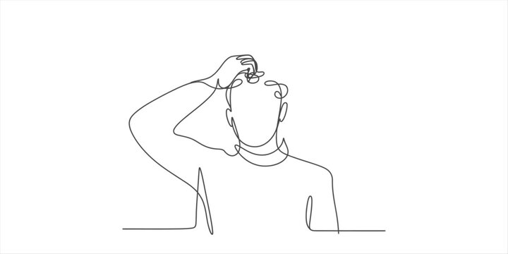 A single continuous line drawing of a person scratching their head showing confusion and thought Vector, illustration