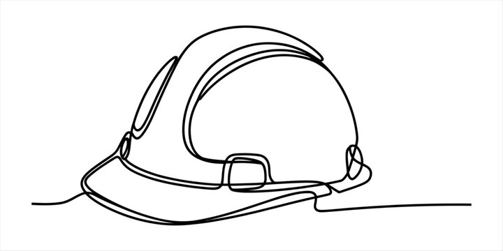 A single continuous line drawing of a protective construction hard hat for safety in workplace. Vector, illustration