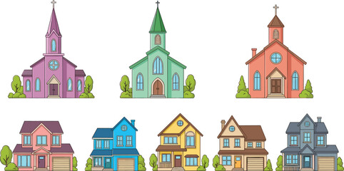 Fototapeta premium Church and House Illustration Set with Colorful Buildings in Cartoon Style for Urban Design, Real Estate Projects, Community Graphics, and Creative Use.