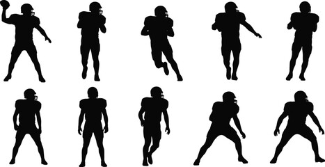 American football player silhouette set featuring dynamic action poses, running, throwing, defensive stances and training positions isolated on white background for sports design use © MdRaziur