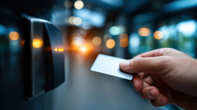 Close-up key card access reader with white card held by hand for office entry system and contactless security background suitable for banner design