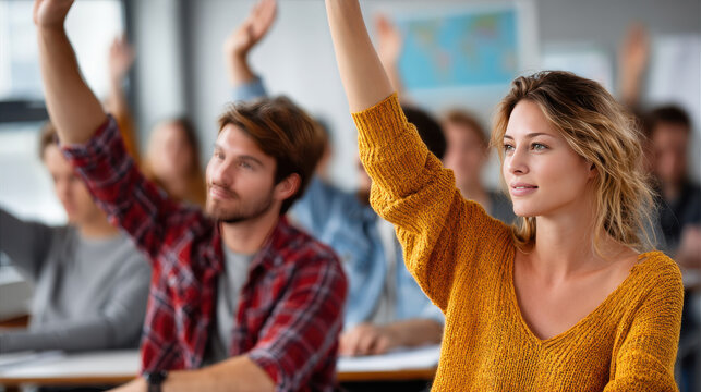 Diverse students raising hands in a bright classroom during a lesson for education poster background and learning engagement concept