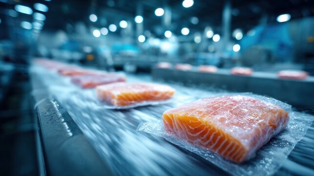 Salmon fillets on a conveyor belt in a seafood processing plant during the early morning hours with workers in the background