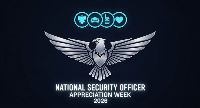 Stylized silver eagle emblem with spread wings on dark backdrop, above text celebrating a security officer appreciation week, symbolizes protection