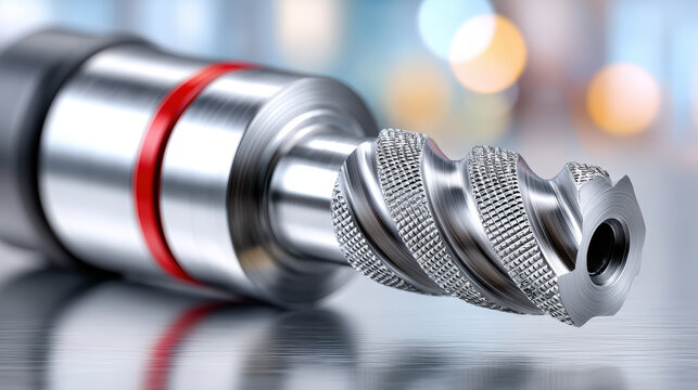 Closeup spiral metal dental drill bit with red ring macro for dental equipment background and precision tool detail