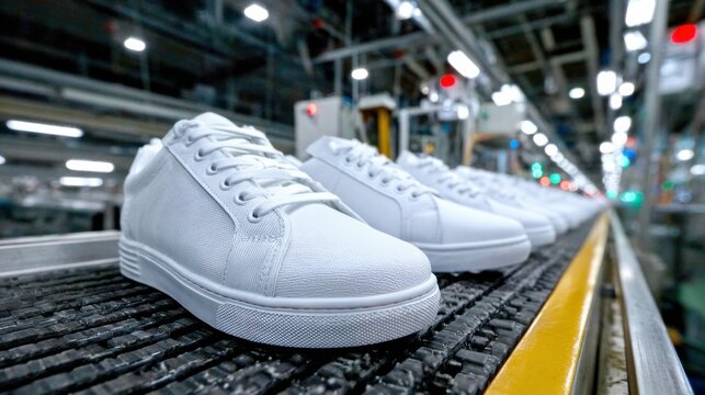 Production of white sneakers in a shoe factory in the afternoon with workers preparing for the next production step