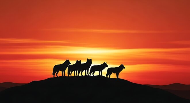 Silhouette of a pack of wolves standing on a hill against a vibrant orange sunset