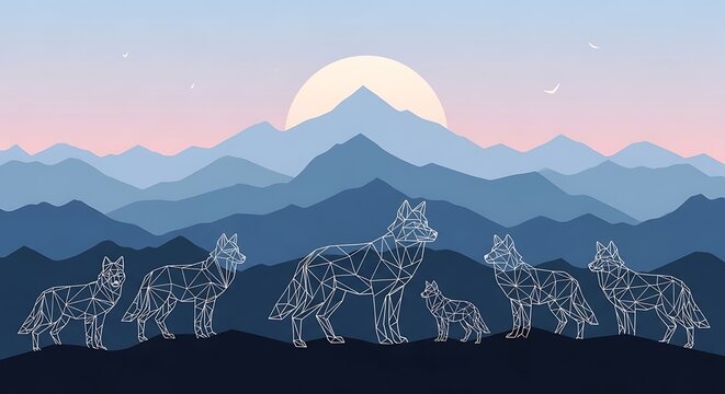 Geometric wolves standing in silhouette against a majestic mountain range under a pastel sunrise sky