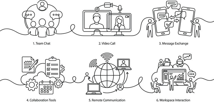An infographic illustrating various aspects of remote teamwork and communication AI, eps, png, jpg. transparent background.