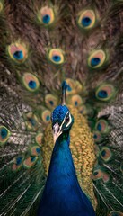 Obraz premium Majestic peacock portrait showcases iridescent plumage a stunning display of vibrant natural beauty