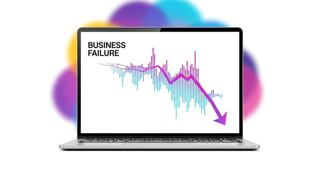 Laptop displaying business failure chart with downward trend and colorful bokeh background, representing financial loss and economic downturn
