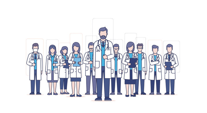 Illustration of a diverse group of medical professionals standing together in lab coats with various expressions on a clean white background.
