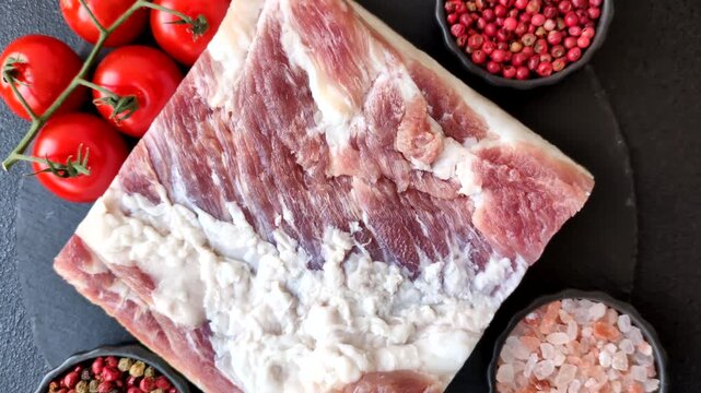 Raw fresh bacon slices with layers of meat or prosciutto prepared for frying. Raw bacon as a food background for your design