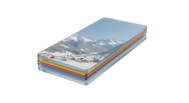 Layered geological cross-section showing a winter mountain village landscape, representing environmental strata and natural beauty